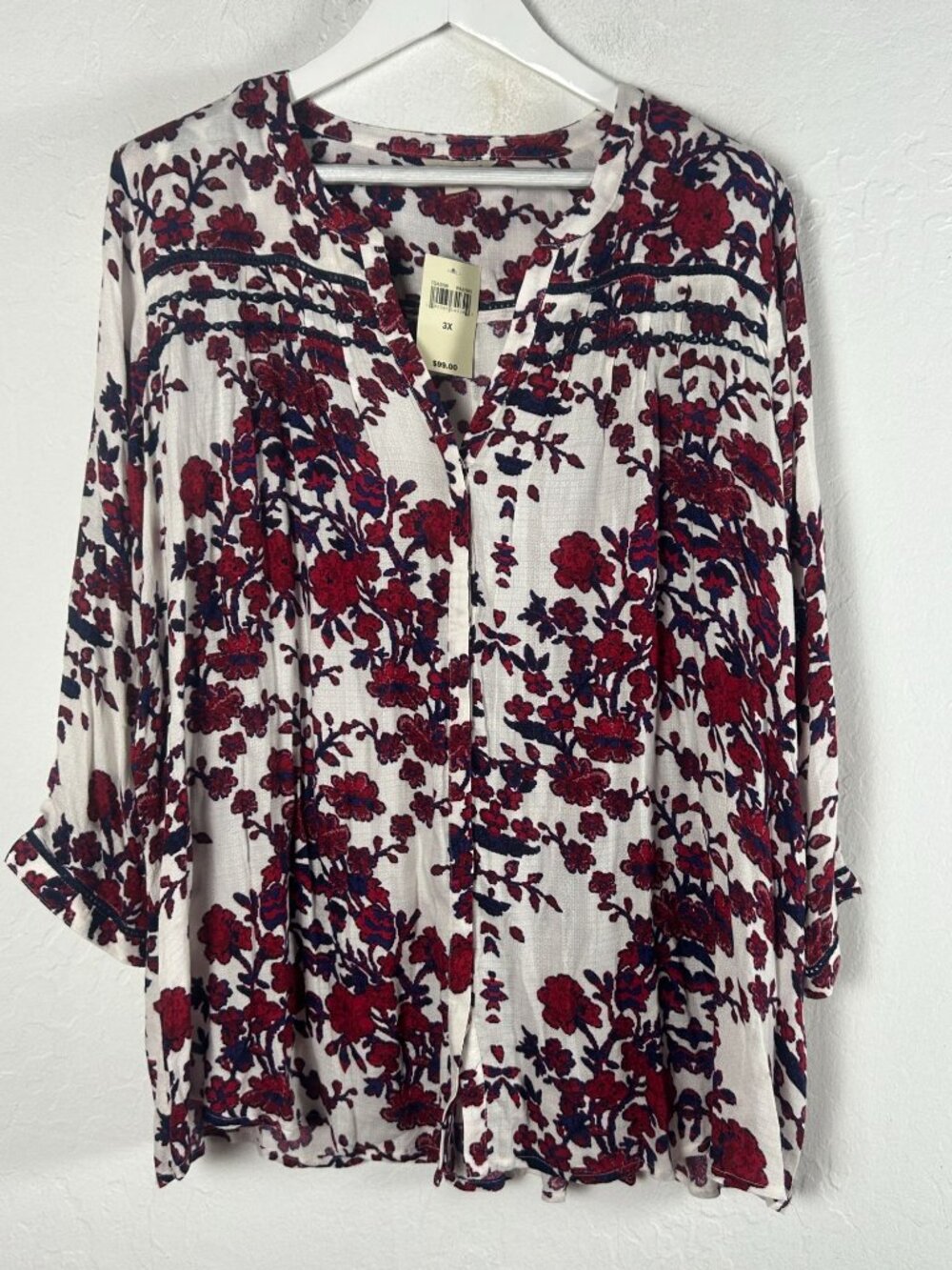 Lucky Brand Womens Top Size 3X White Red Floral Peasant Blouse Button Up New $99